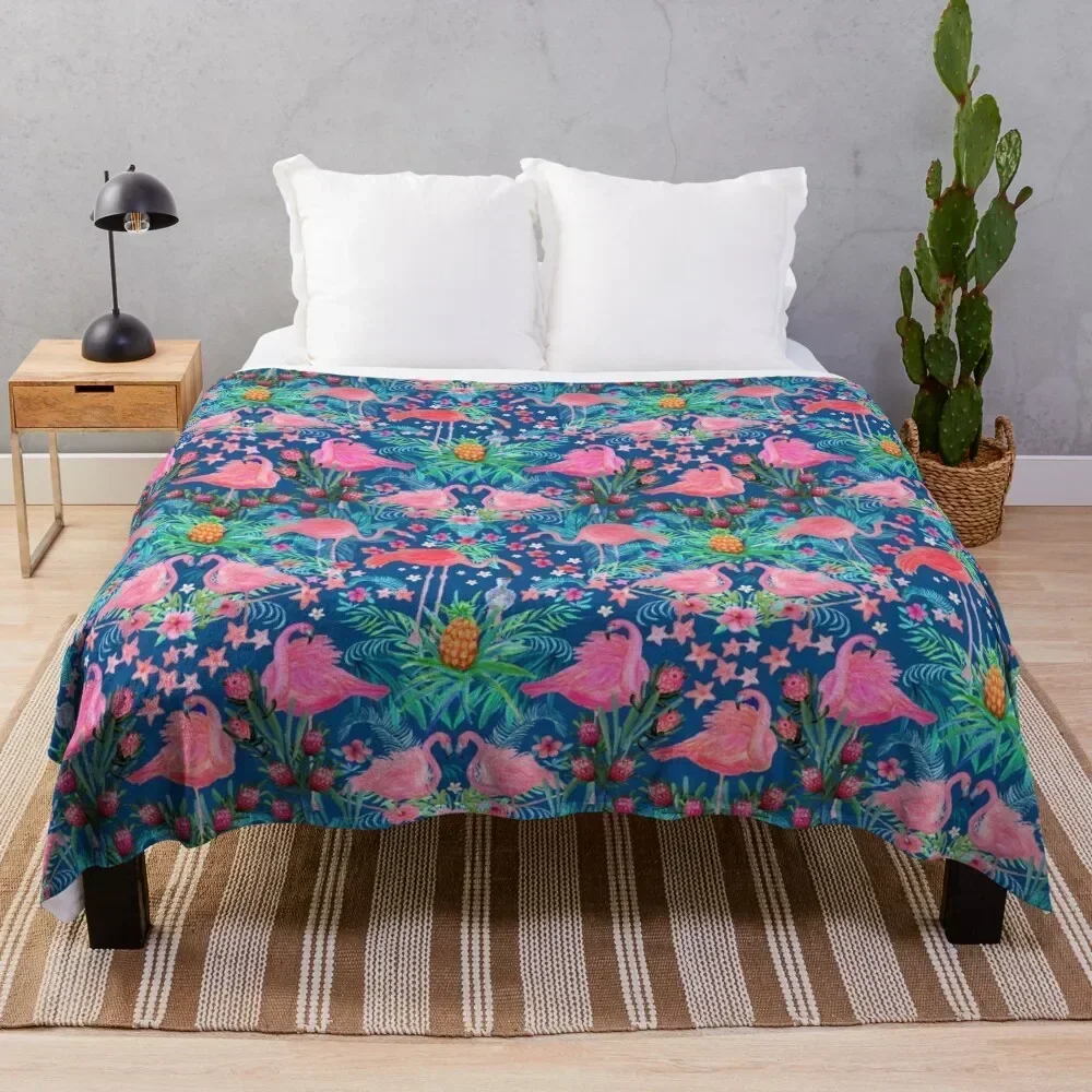 

Flamingo watercolor pink Paradise with hibiscus flowers, protea flowers and palm leaves Throw Blanket