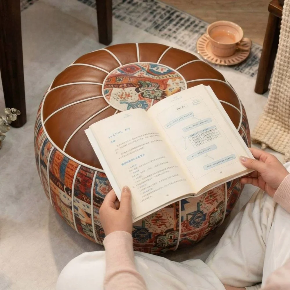 New Boho Pattern Ottoman Pouf PU Leather Fillable Design Footstool Cover Large Opening Water Resistant Round Pouf Cover Home Use