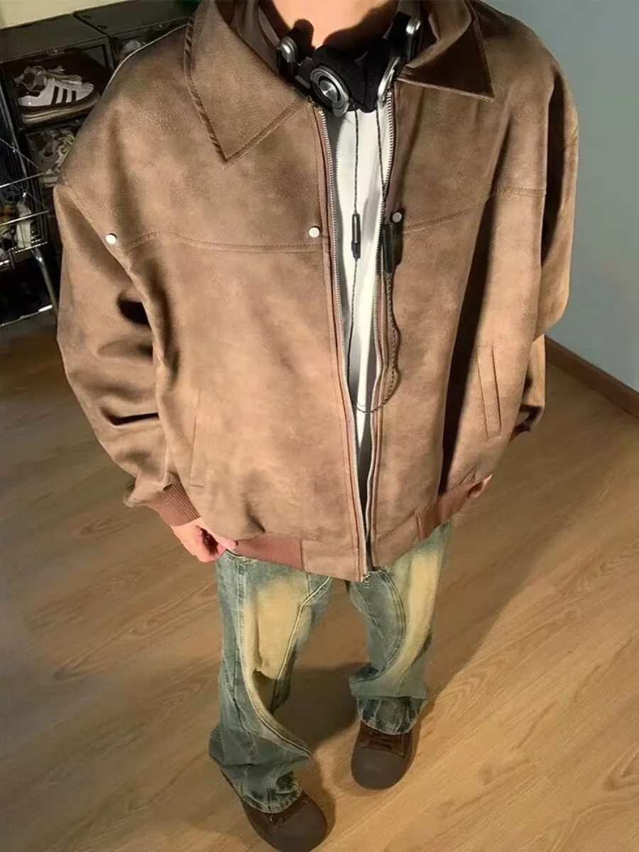 

Retro Brown Leather Jaet Men's Spring Autumn Sli Pilot American Stand Collar Baseball irt Jaet Loose Fit Windproof