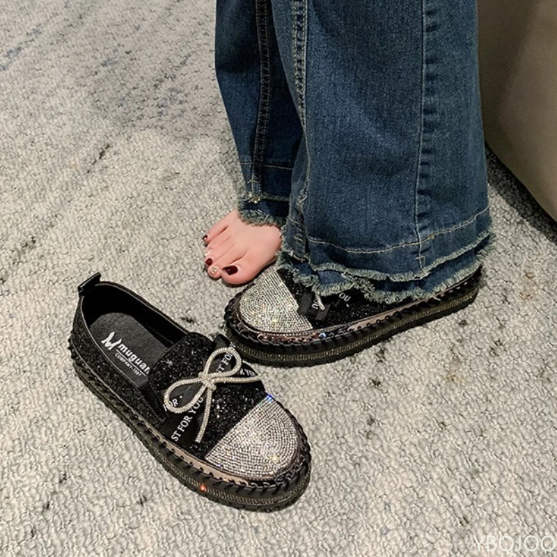 

Большой размер, весенне-осенняя модная новая женская обувь на плоской подошве с блестками и стразами, повседневная женская обувь на толстой подошве с узлом-бабочкой
