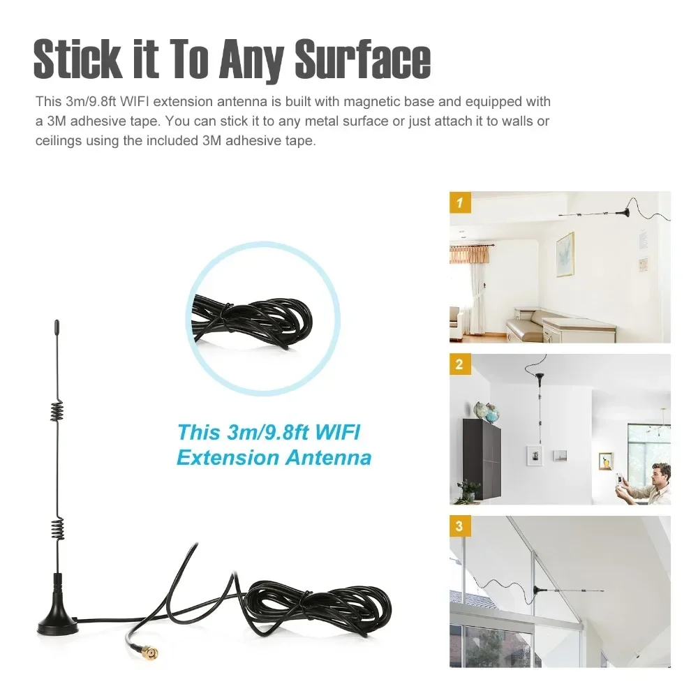 9.8ft 7dBi WIFI Antenna Extension Cable With Magnetic Base, Reduce the distance between Cameras And NVR, Enhanced Signal