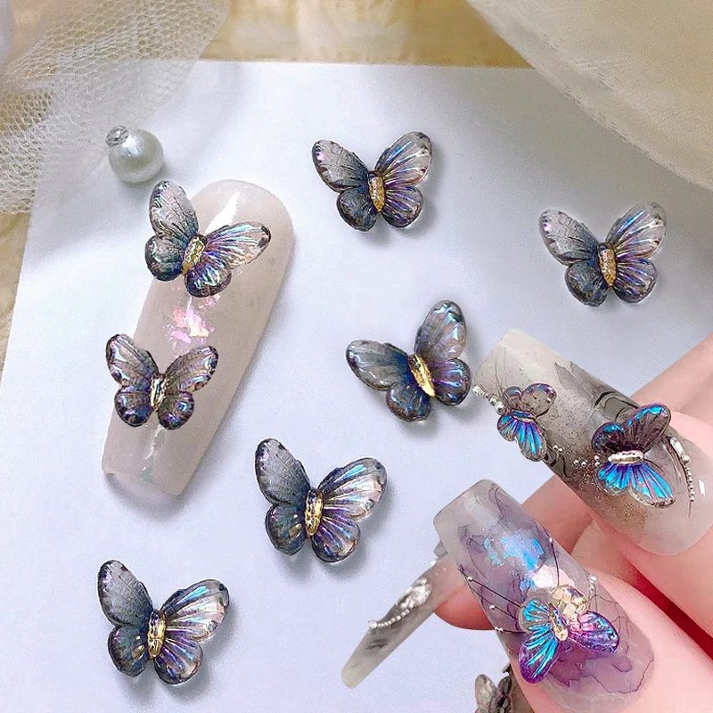 30Pcs Colorful Aurora Butterfly Nails Decoration Jelly Resin Butterfly Decals Nail Charms Manicure Butterfly Parts