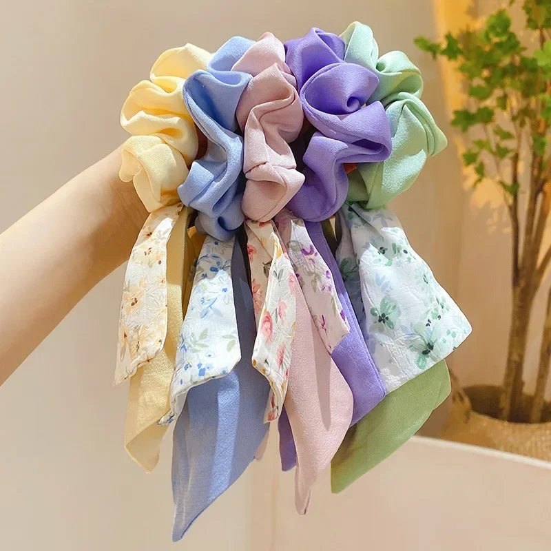 New Floral Print Bow Elastic Hair Bands Women Hair Ties Women Elegant Ribbon Rubber Band Headwear Girls Women  Hair Accessories