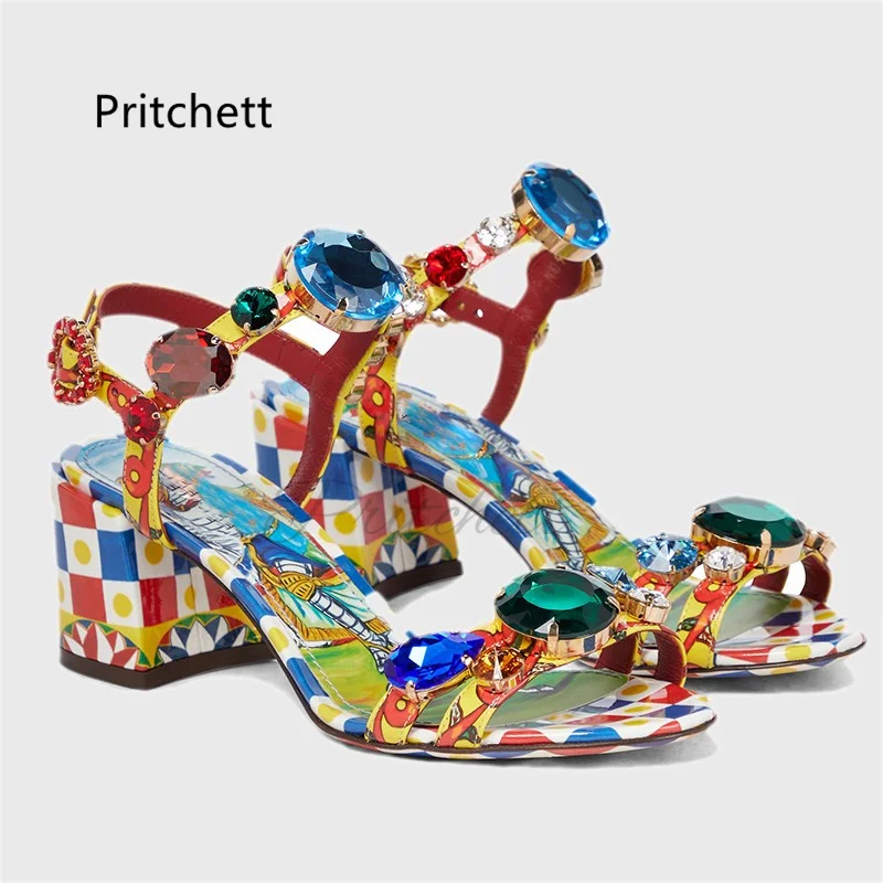 Bohemian Rhinestone Jewels Chunky Heels Sandals For Women Open Toe Prints Buckle Strap 6/10Cm High Heels Beach Vacation Shoes