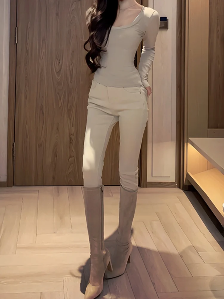 

Autumn Winter Fleece Lined Ankle Length Slim Fit Women's Jeans Elastic High Waist Casual Style Nine Points Pants