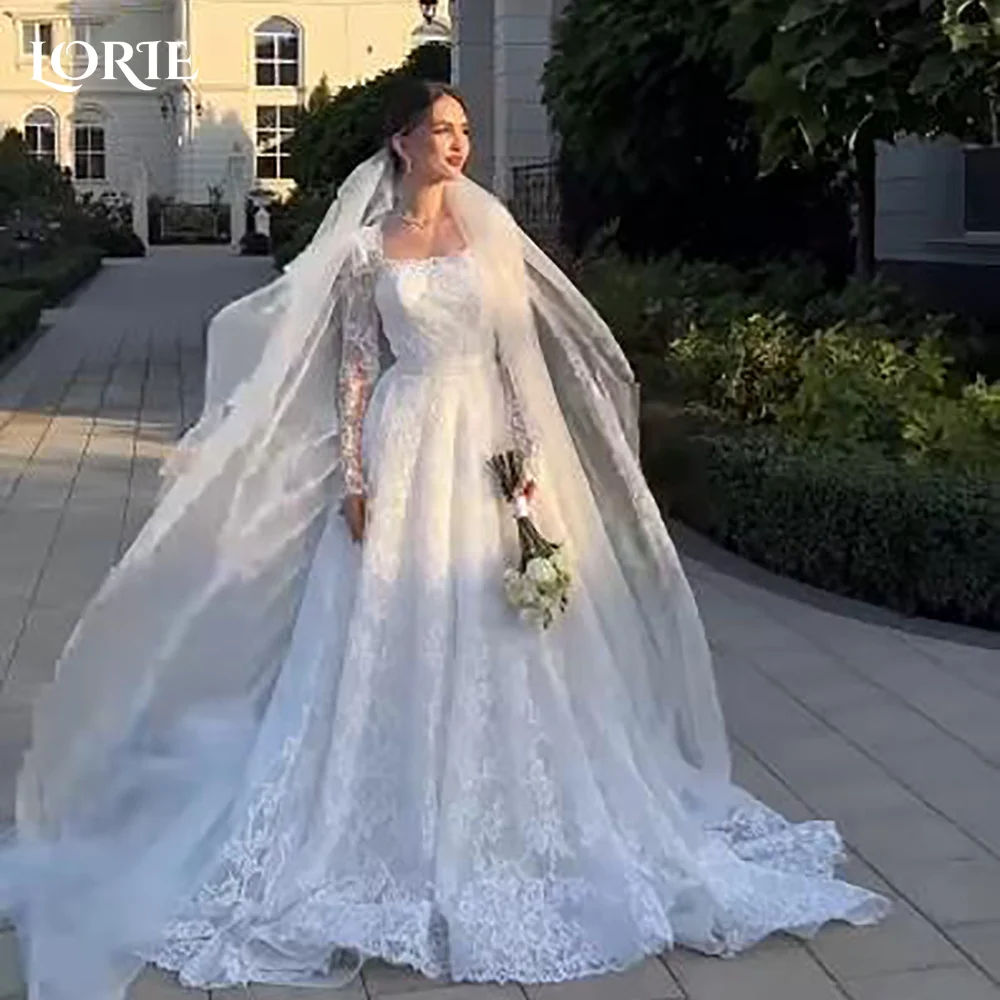 

LORIE Кружевное мусульманское свадебное платье с аппликацией и квадратным вырезом, пышным длинным рукавом, церковное свадебное платье русалки, платье de novia, по индивидуальному заказу