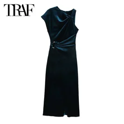 TRAF Women's Long Dresses 2024 Autumn Elegant Party Evening Midi Dresses Ladies Fashion Sleeveless Velvet Prom Dress Vestidos