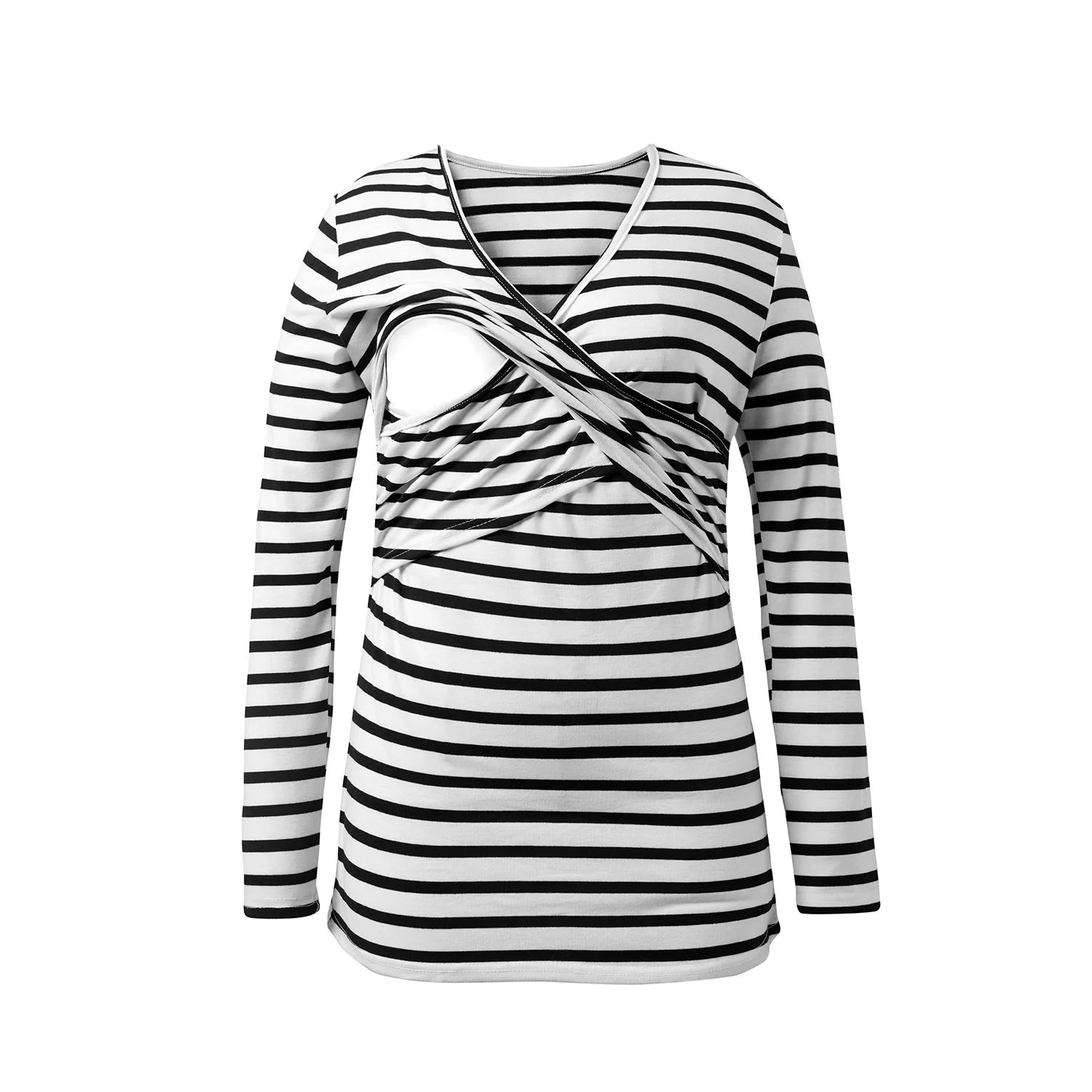 Pregnant Women's Long Sleeve Maternity Blouse, Breastfeeding Casual Tops, Striped Pregnancy Breast Feeding Nursing Shirt