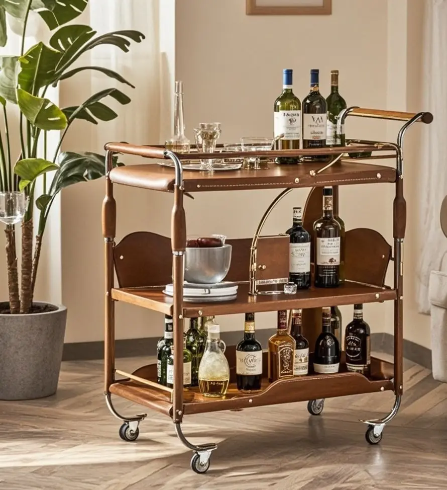 3 Tier Metal Bar Cart With 4 Wheels Modern Hotel Serving Cart With Wine Rack And Glass Holder For Living Room & Outdoor Use