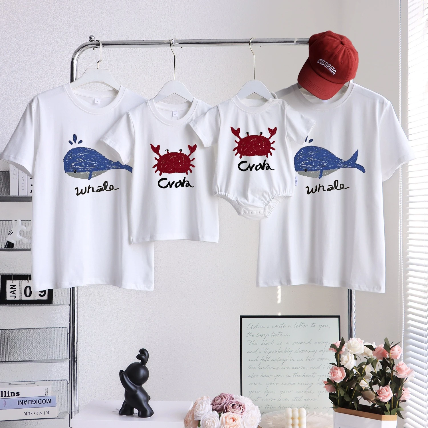 

Summer Family Matching T-Shirt Baby Romper Cute Whale Crab Print Solid Basic Casual Daily Soft Breathable Family Look Outfits