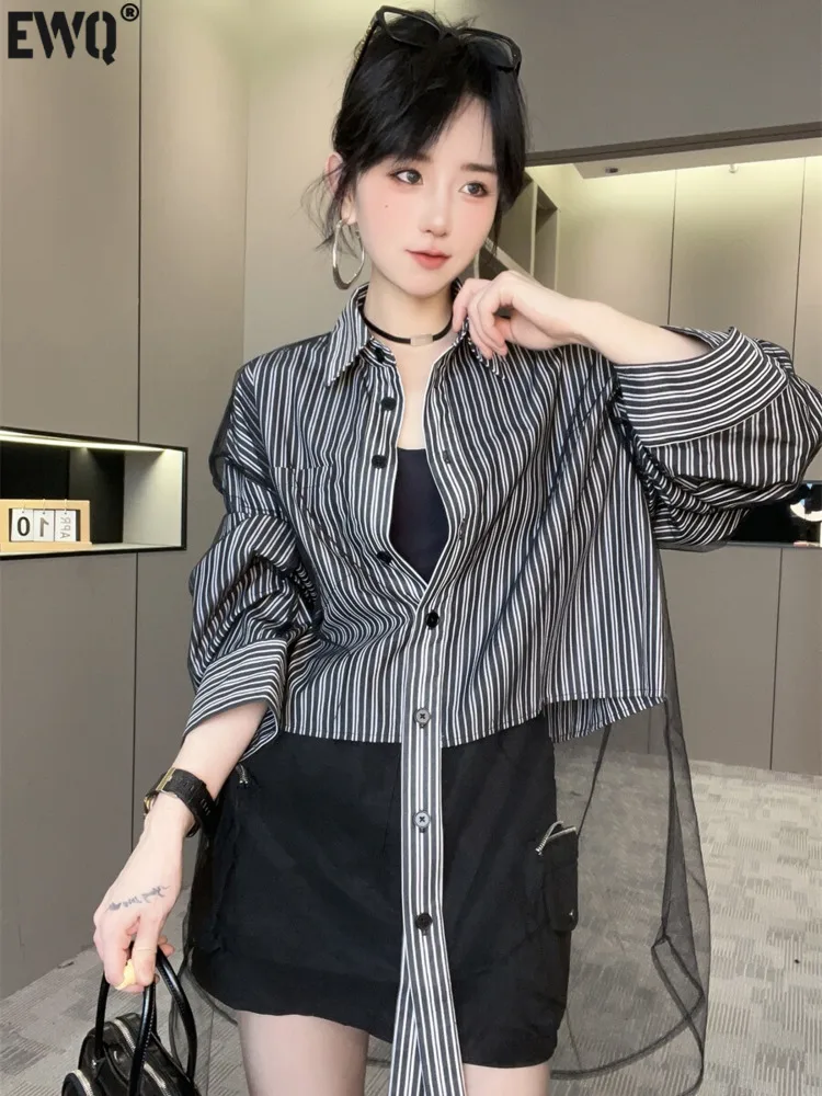 

[EWQ] Long Sleeve Long Sleeve Striped Stitching Shirt Contrast Hem Mesh Design Blouse Big Size Tops 2024 Autumn New 16O1485