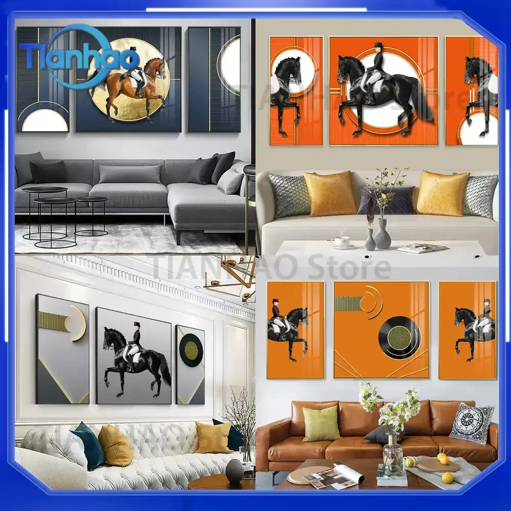 Abstract Crystal Ceramic Wall Art for Nordic Living Room Decor Modern Sofa Backdrop Three Panel Horse Equestrian Orange