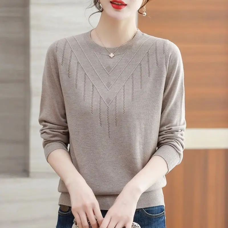 Women's Spring  Autumn Fashion Elegant Round Neck Long Sleeve Pullover Solid Color Linen Casual Versatile Western Commuter Tops