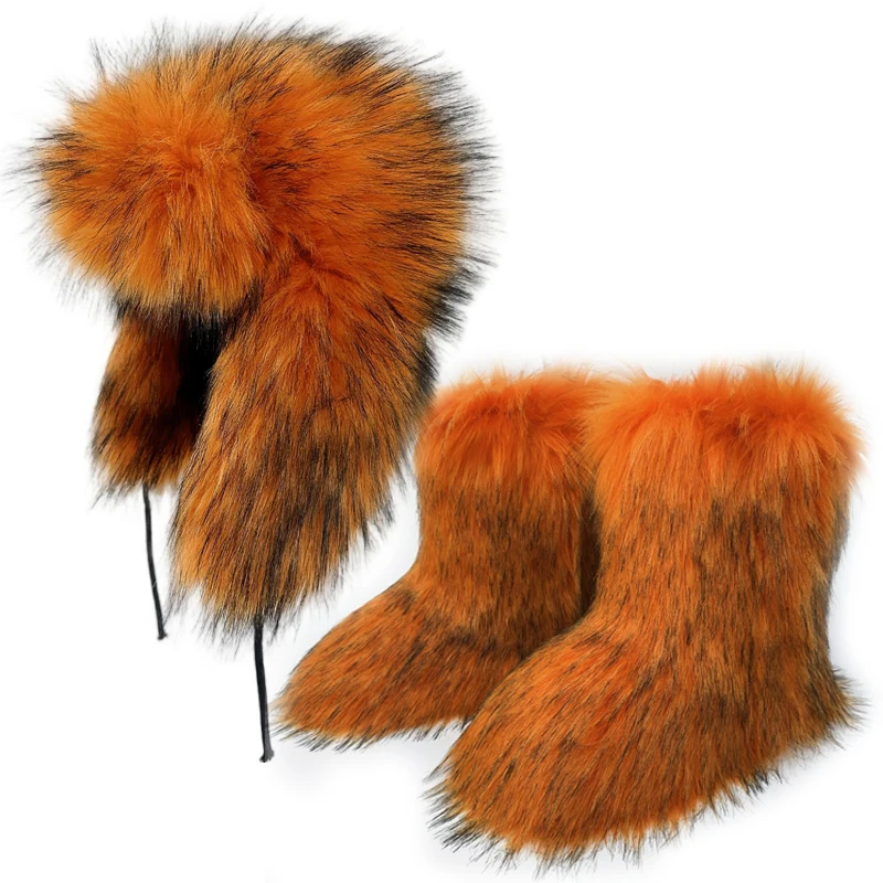 Fur Boots Women's Winter Plus Velvet Warm Boots Snow Boots Non-slip Women's Shoes Fashion Ear Protection Plush Fur Winter Hat