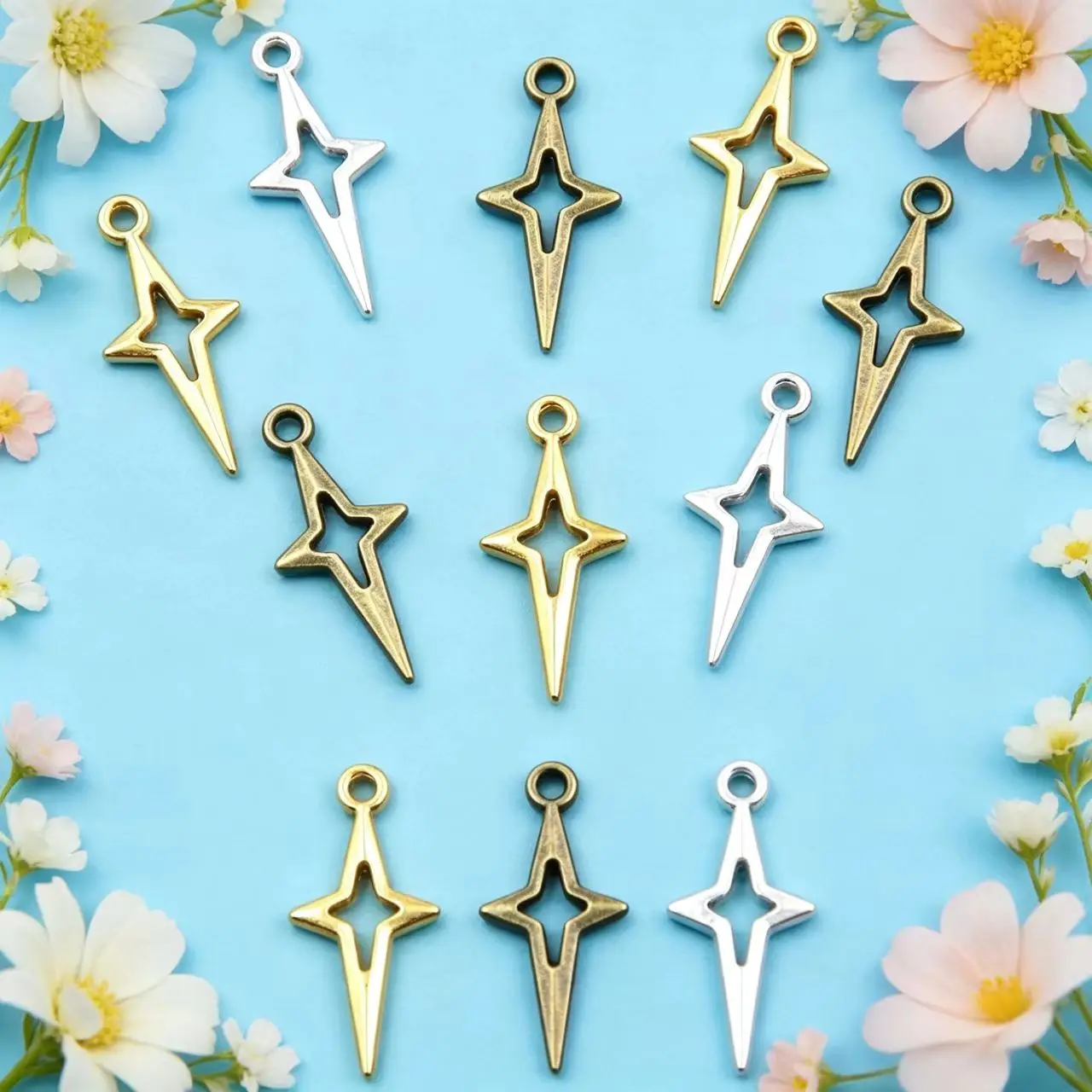 20Pcs 10*22mm 3 Color Wholesale Openwork Star Charms Nature Pendants Handmade Decoration Vintage for DIY Jewelry Making Findings