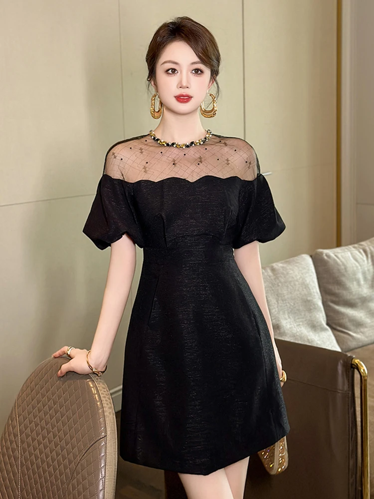 Fashion Elegant Luxury Black Evening Dress Women Clothes See Through Sexy O-Neck Puff Sleeve Slim Short Party Birthday Vestidos