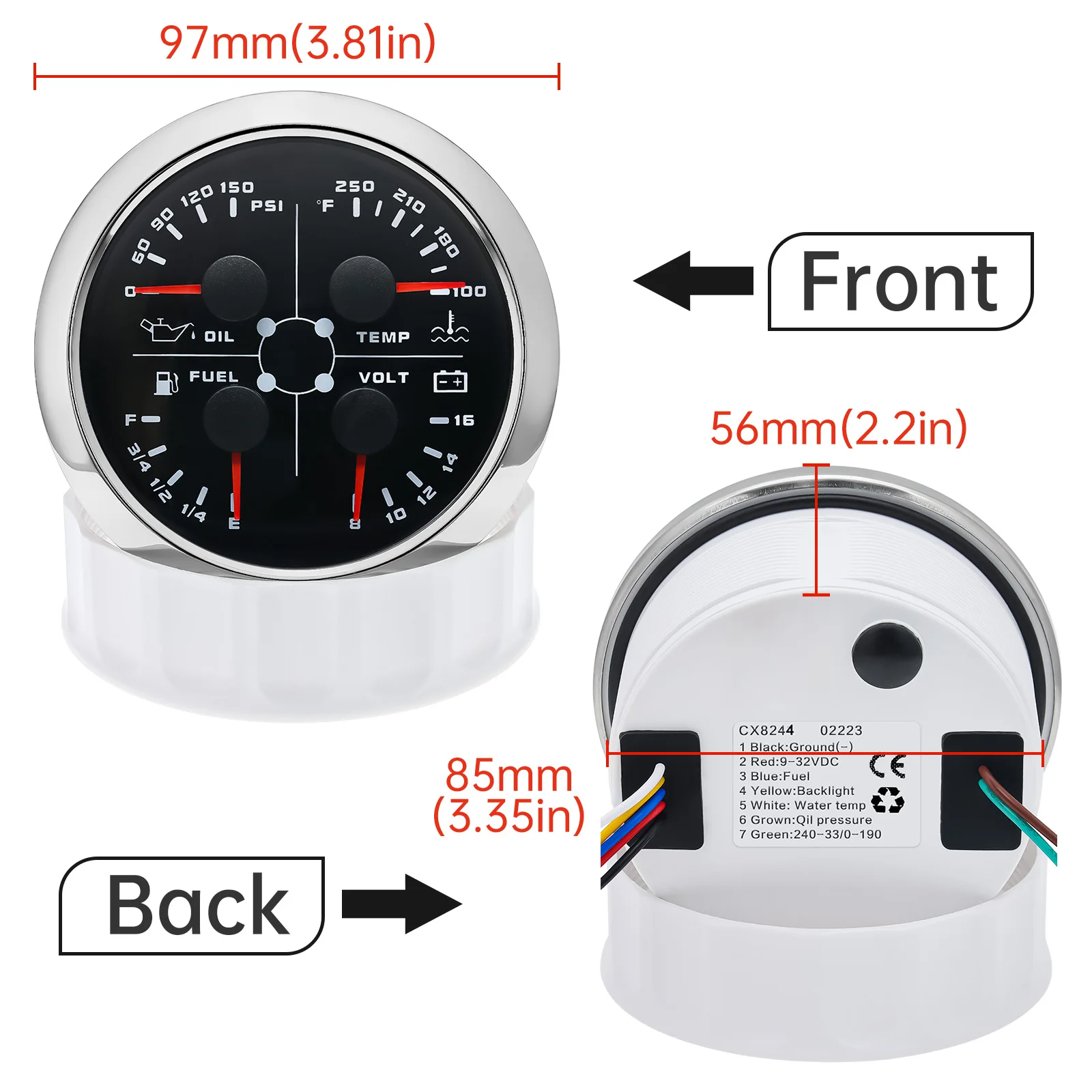 AD 85MM Multi-function 4 IN 1 Gauge Car Fuel Level 0-190 ohms Oil Pressure Water Temp Voltmeter 8-16V For Marine Boat 12V/24V