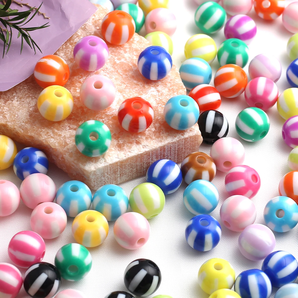 30/70pcs Random Color Round Beads - Multicolor Striped Acrylic DIY Jewelry Making Beads with Hole for Bracelets, Necklaces