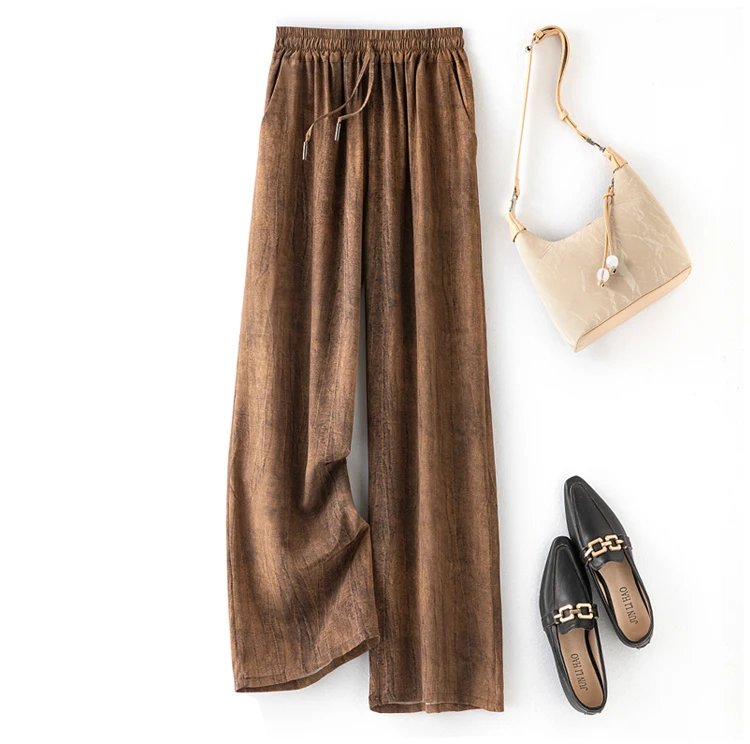 100% Natural Mulberry Silk Crepe De Chine Elastic Waist Loose High Waist Women's Versatile Summer Casual Wide Leg Pants