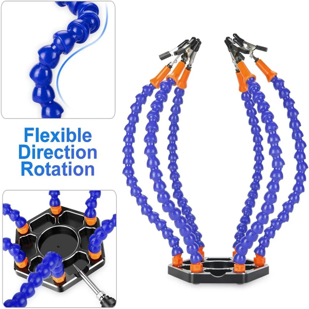 Stazione di saldatura con sei bracci flessibili strumento di saldatura a Base metallica per saldatura, assemblaggio, riparazione, modellazione, Hobby, artigianato