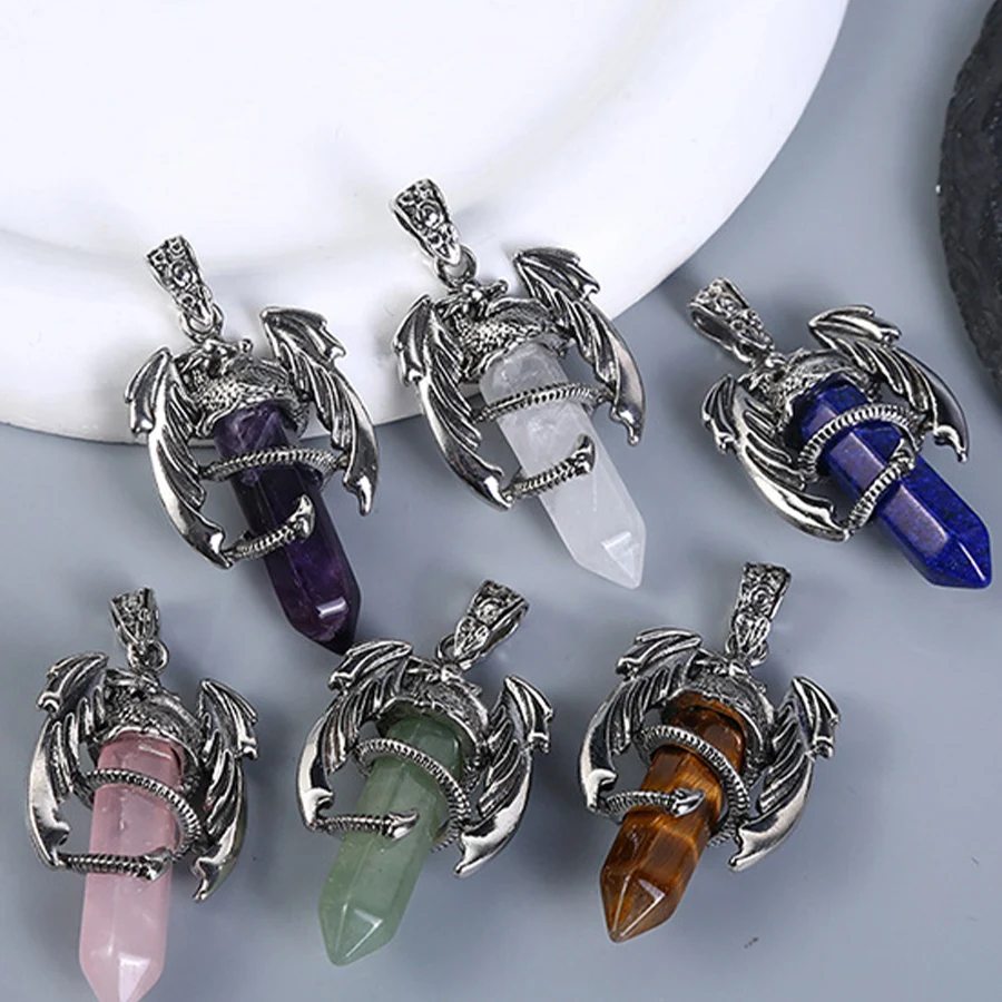 1pcs Stainless Steel Crystal Necklace Pendant Trendy hip-hop Style Cool Flying Hexagonal Dragon Crystal Necklace Jewelry