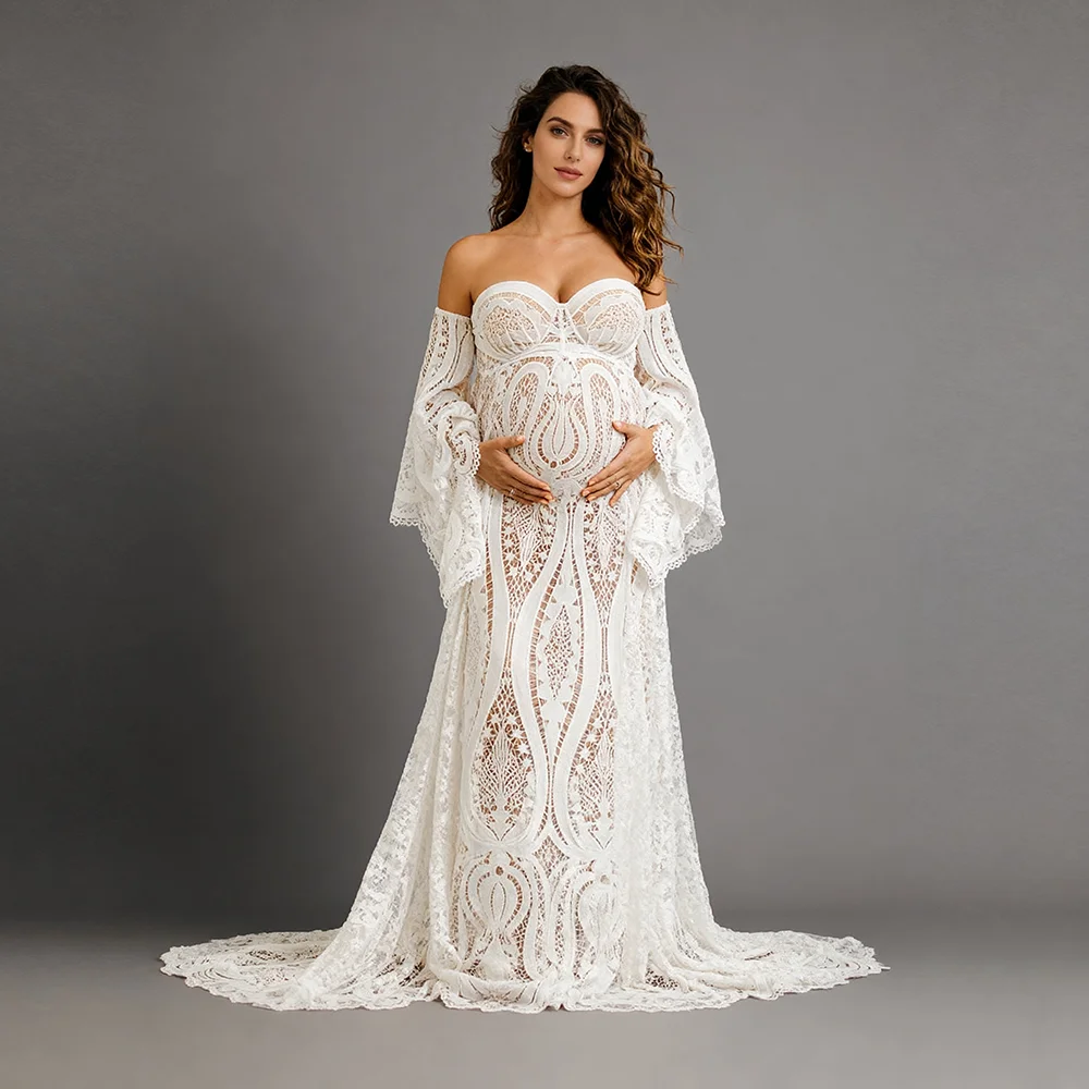 Elegant Maternity Gown for Photoshoot Lace Off Shoulder Maternity Photoshoot Dress Long Sleeve Pregnancy Photography Gown YEWEN