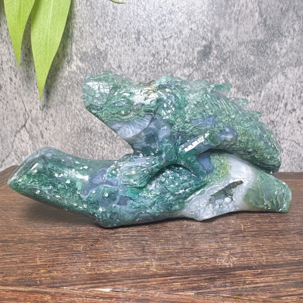 Natural Druzy Moss Agate Ocean Jasper Lizard Carving Hand Carved Cute Animal Raw Geode Home Decor Healing Crystal Gift