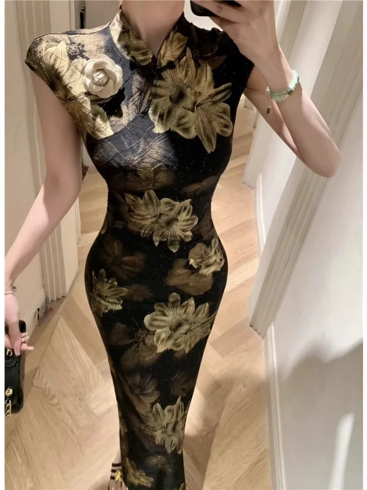 Kimotimo Woman Elegant Gilded Printed Cheongsam Dress New Summer Sexy High Waist Slim Split Long Party Dresses Vestidos Vintage