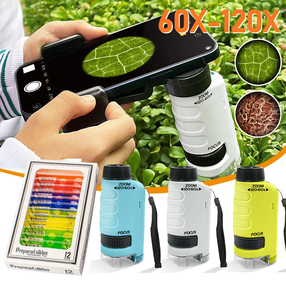Imagem -01 - Handheld Mini Microscópio de Bolso Kit para Crianças Microscópio de Laboratório Ajustável Zoom Wheel Educacional Led 60120x handheld mini microscopio de bolso kit para criancas microscopio de laboratorio ajustavel zoom wheel educacional led 60120x 01