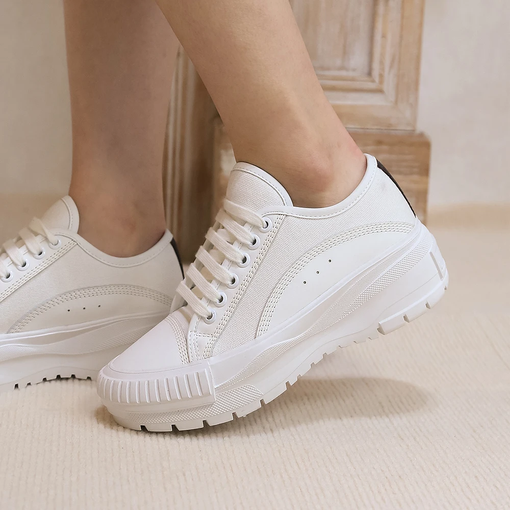 Breathable Cow Hide Leather Sneakers Women Shoes Lace-up Loafers Platform Pumps White Shoes for Ladies