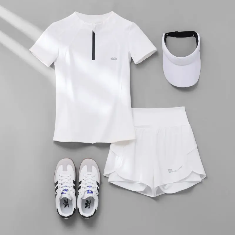 Summer Morning Run Fitn Sportswear Set Women's ort Sve f Zip Gym Training Bodybuilding Clothing T-irt