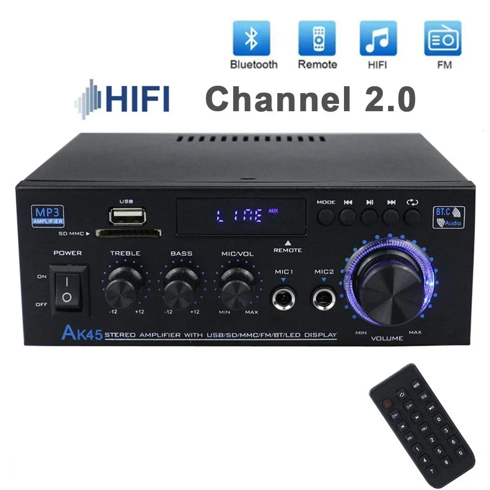 2.0 Channel AK45 HiFi Digital Amplifier 400Wx2 HiFi Stereo Amplifier Receiver AC 90V-240V Bluetooth-compatible 5.0 for Home Car