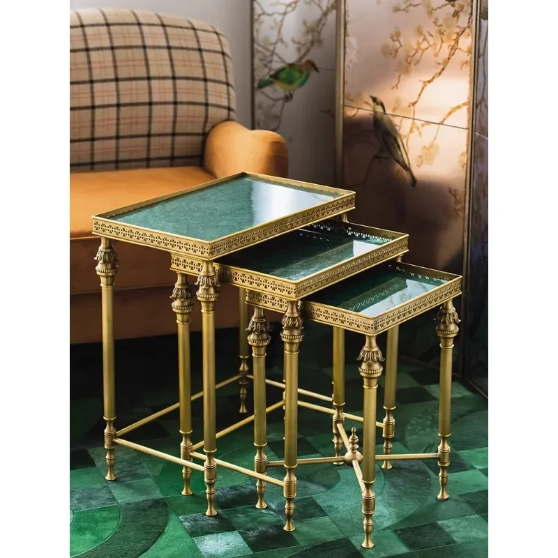 Retro brass side table light luxury high-end emerald marble home living room coffee table medieval set