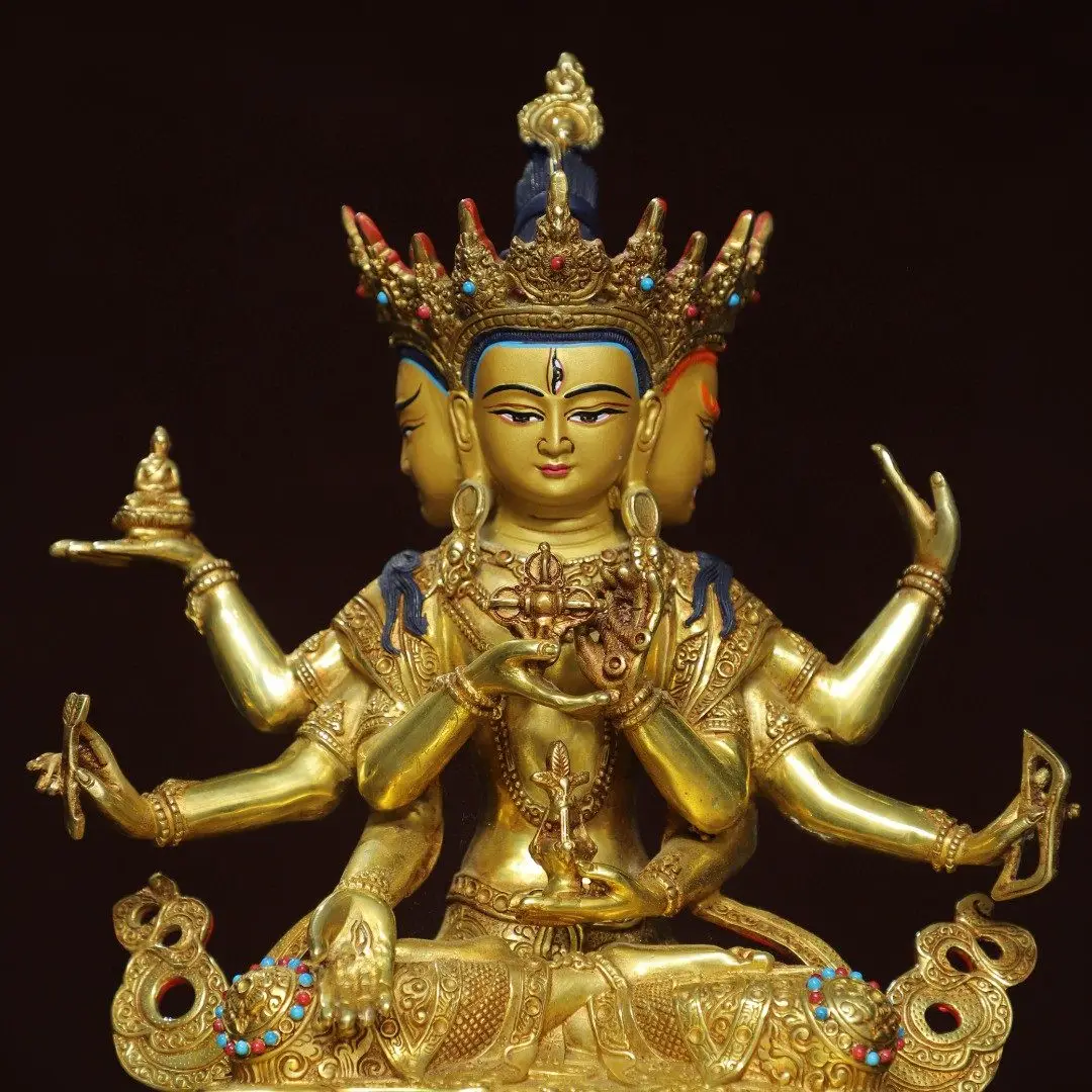 Handmade Copper Gold Plated Antique Ushnishavijaya 8 Arm Buddha Statue Home Decor