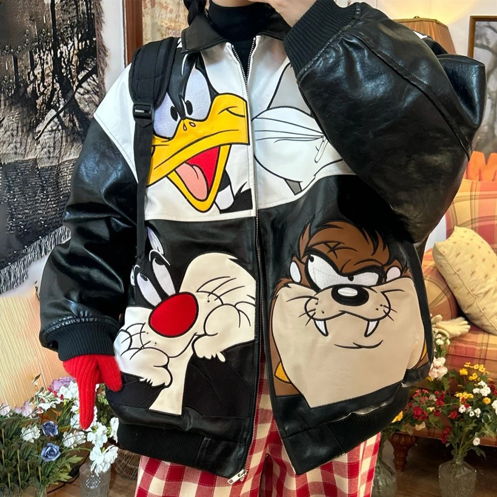 Pu Leather Y2k Cute Cartoon Embroidery Funny Pu Jacket Genderless Streetwear Valentines Luxury Harajuku Jacket Unisex 2025 New