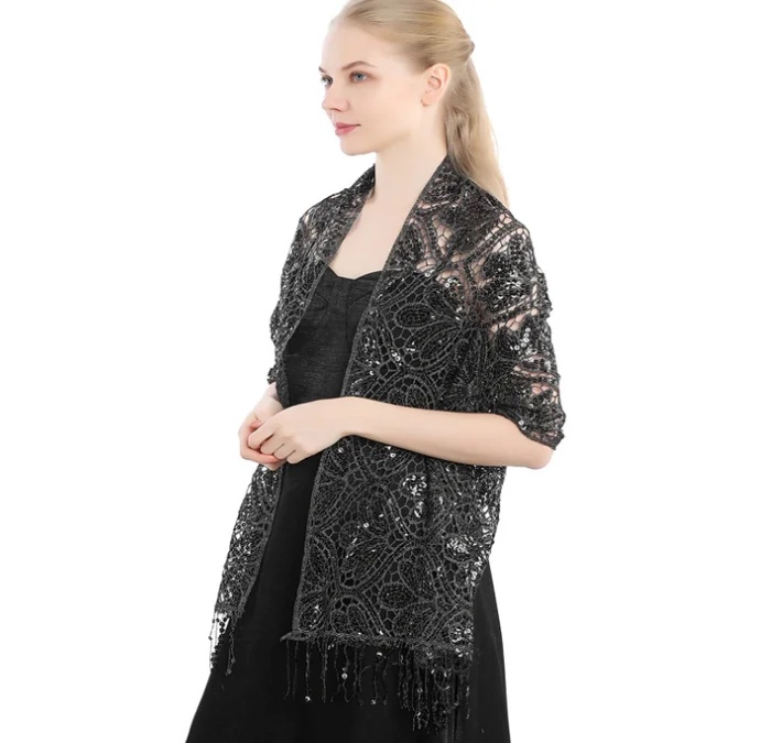 European American Elegant Sequins Tassel Cape Party Evening Dress  Shawl Bride Bridesmaid Women Sequins Cloak Ponchos Black