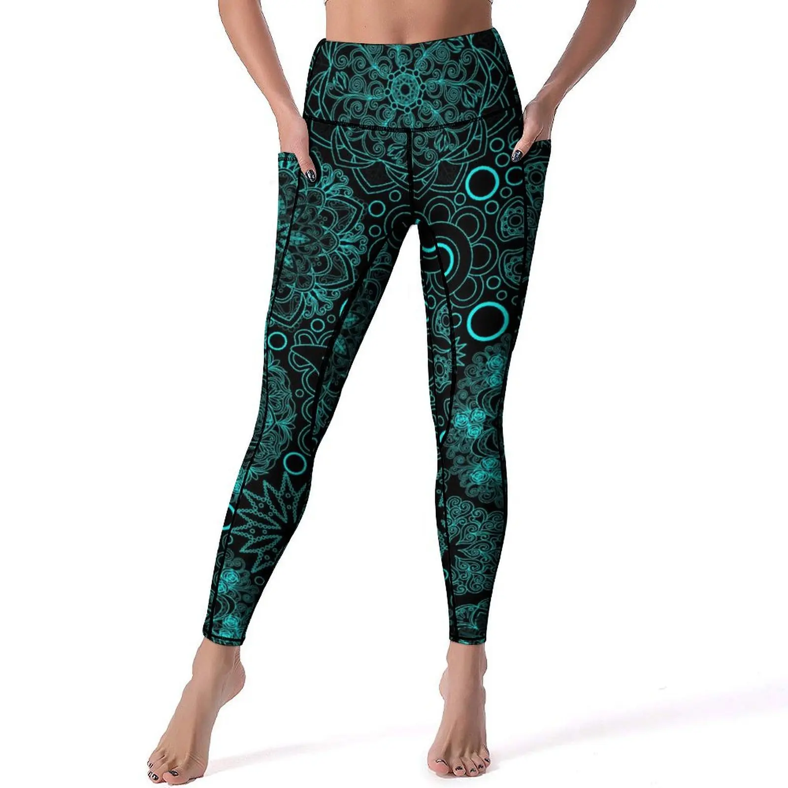 

Boho Paisley Yoga Pants Pockets Blue Mandala Leggings Sexy High Waist Novelty Yoga Sports Tights Stretch Workout Gym Leggins