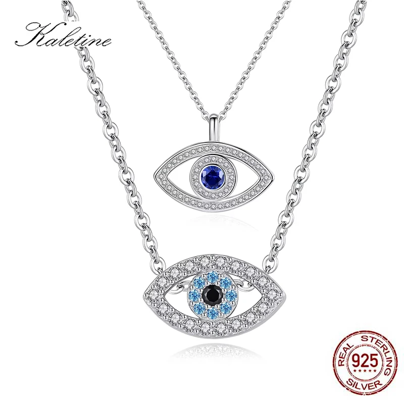 KALETINE Fashion Charm 925 Sterling Silver Necklace Luck Turkey Blue Evil Eye Blue Rhinestone Eye Choker Necklace For Women