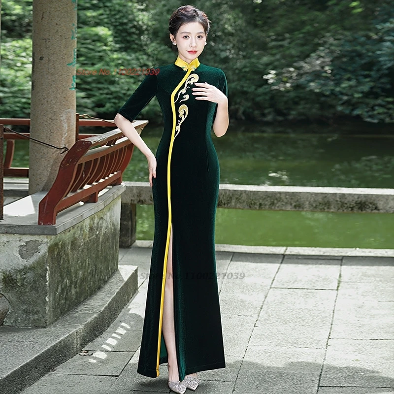 

Китайское винтажное платье 2025 года, улучшенное Cheongsam, восточное банкетное вечернее платье, бархатное платье Ципао с национальной цветочной вышивкой, народное платье