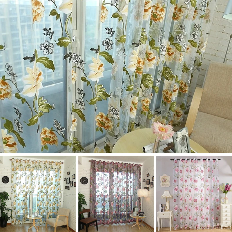 

Sheer Curtain Tulle Translucent Curtain for Kitchen Bedroom Living Room Balcony Door Window Screen Floral Design Printed Valance