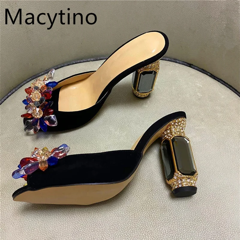 Gem Flower Ladies High Heel Slippers Round Toe Chunky Heel Diamond Heel High Heel Slippers Fashion Party Slippers