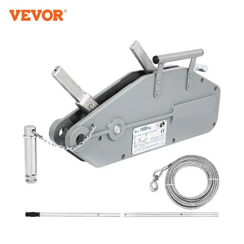 VEVOR 1600Kg Hand Rope Winch Hoist with Extendable Lever 1.6T 25M / 20M High Strength Wire Rope for Construction Sites Warehouse