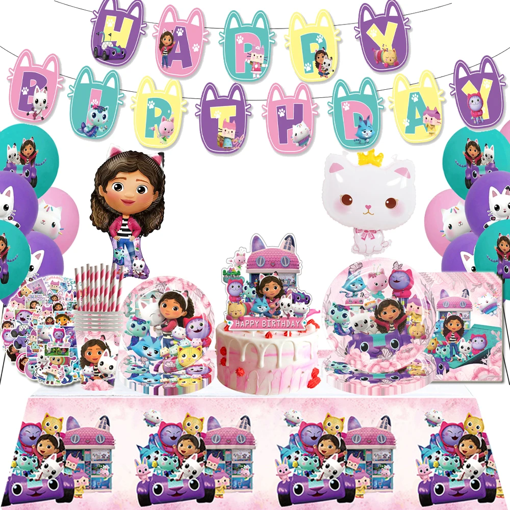 New Gabby Dollhouse Cats Birthday Party Decoration Balloon Disposable Tableware Backdrop Gabby Doll House Figures Party Supplies