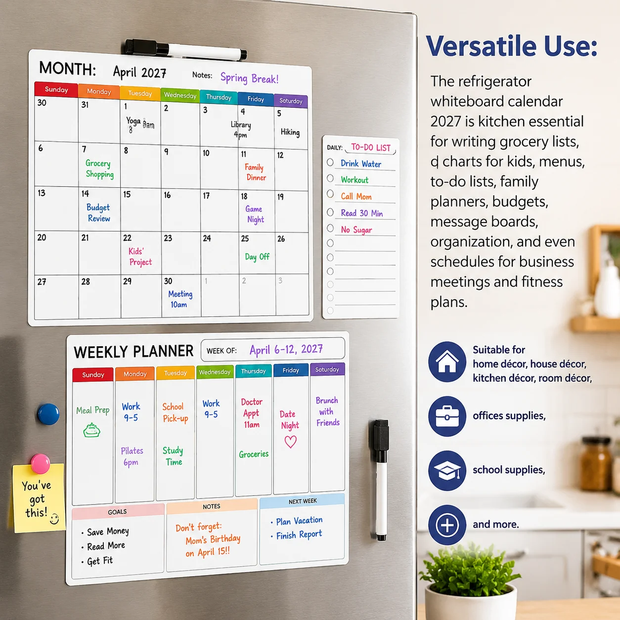Magnetic Monthly Wall Planner Sticker with Whiteboard Pens Easy to Remove, Dry-Erase Calendar or To-Do List for Home Office