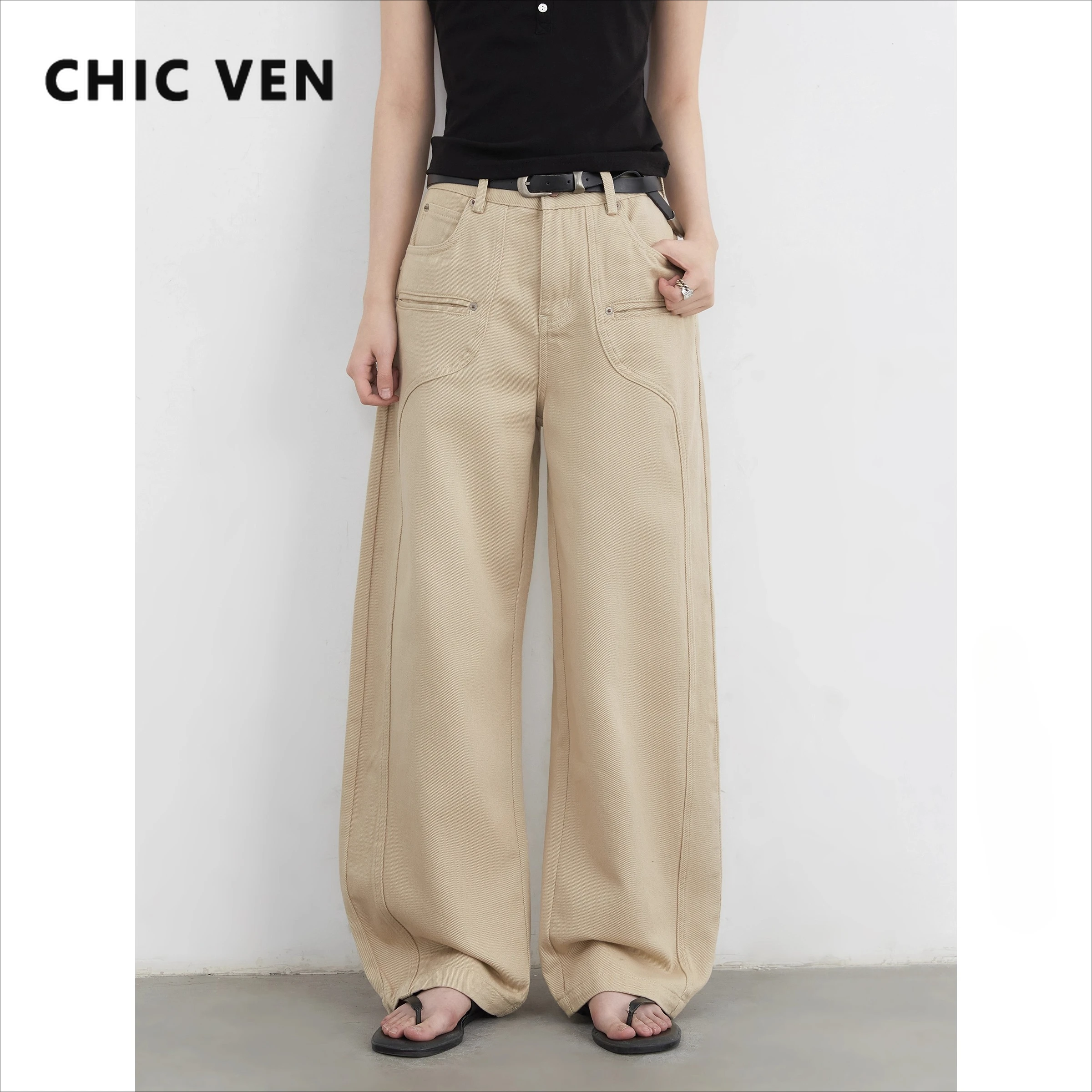 CHIC VEN Women Jeans Solid Loose Casual New Split Wide Leg Denim Pant Workwear Female Trousers Spring Autumn 2025