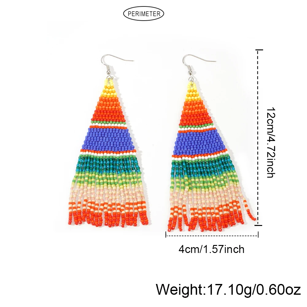 A pair of colorful striped Bohemian vacation style Su Mi bead woven earrings, hand woven earrings accessories