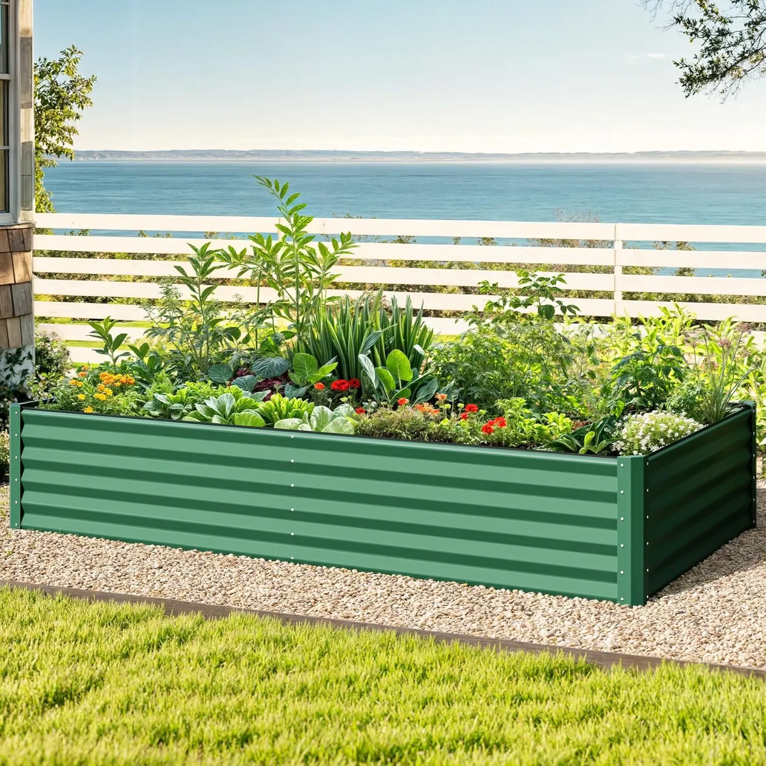 8 x 4 x 1.5 FT Raised Garden Bed Kit, Outdoor Galvanized Flower Bed with Safety Rubber and Gloves, Large Metal Planter Box for Vegetables, Flowers, Herbs, Fruits, Green
