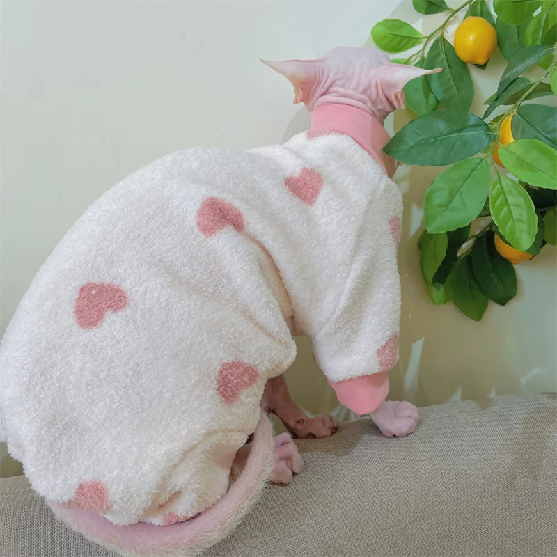 Pink Heart Warm Fleece Jumpsuit for Sphyinx Cat Plush Belly-wrapped Winter Sweater for Hairless Cat Spring Coat for Female Cat