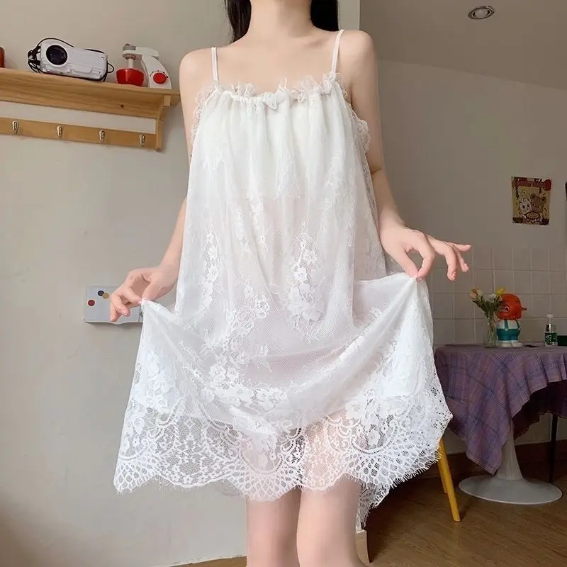 Hot Sale Sexy  Sleepwear Lace Nightgown Women See-through Loungewear Pajamas Summer Nightwear Solid Night Gown Mini Dress