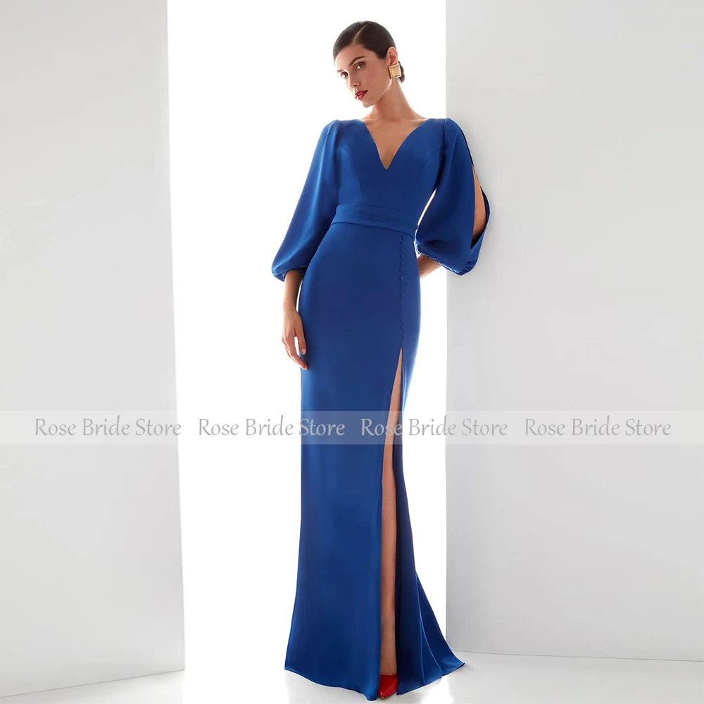 Classic Bespoke Occasion Gown Dark Royal Blue Satin Button Straight V-neck Floor Length Dresses  Elegant Party Dresses Woman